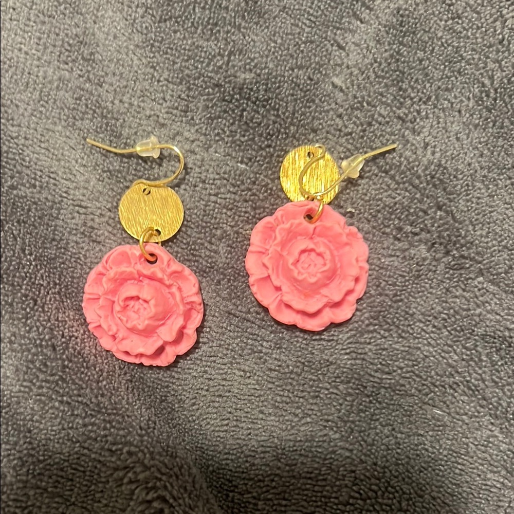 Pink Floral Earrings with Gold Accents